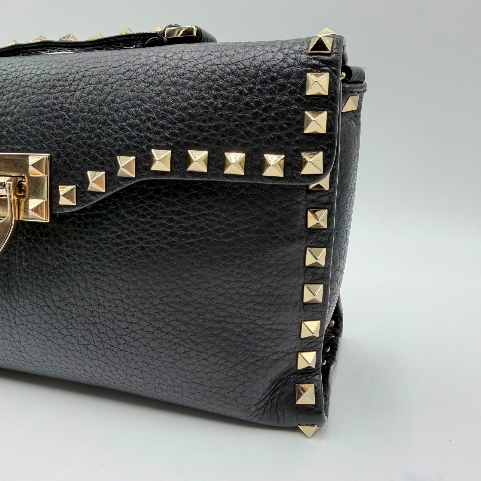 Valentino Black Leather Rockstud Top Handle Bag
