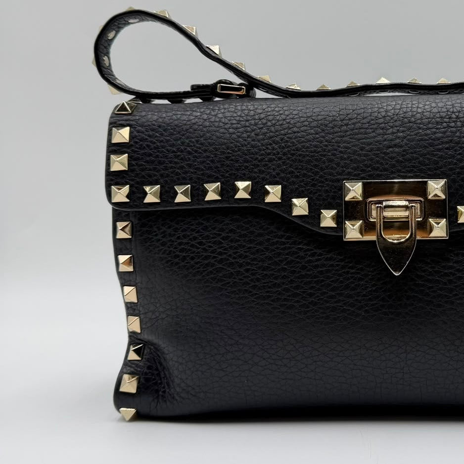 Valentino Black Leather Rockstud Top Handle Bag