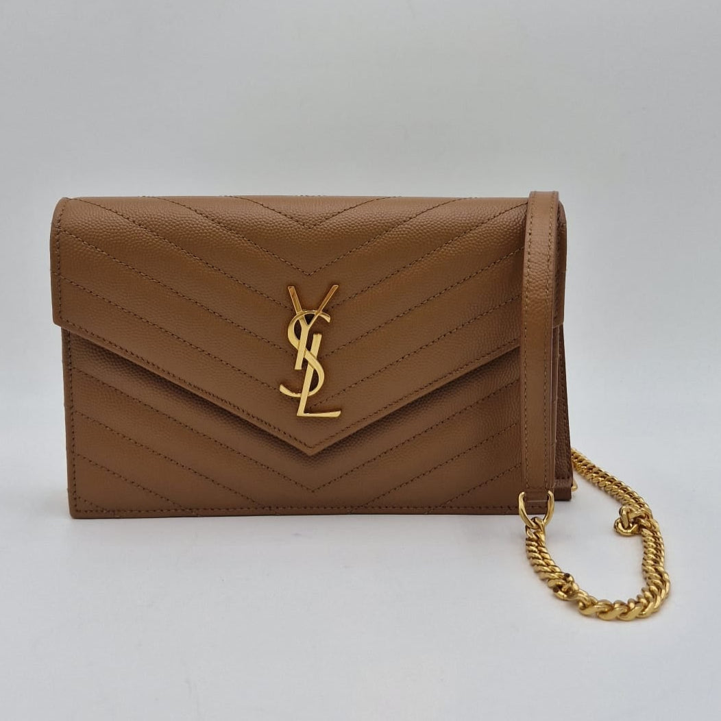 Saint Laurent Cassandre Matelassé Chain Wallet Beige