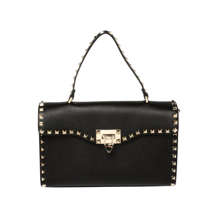Valentino Black Leather Rockstud Top Handle Bag