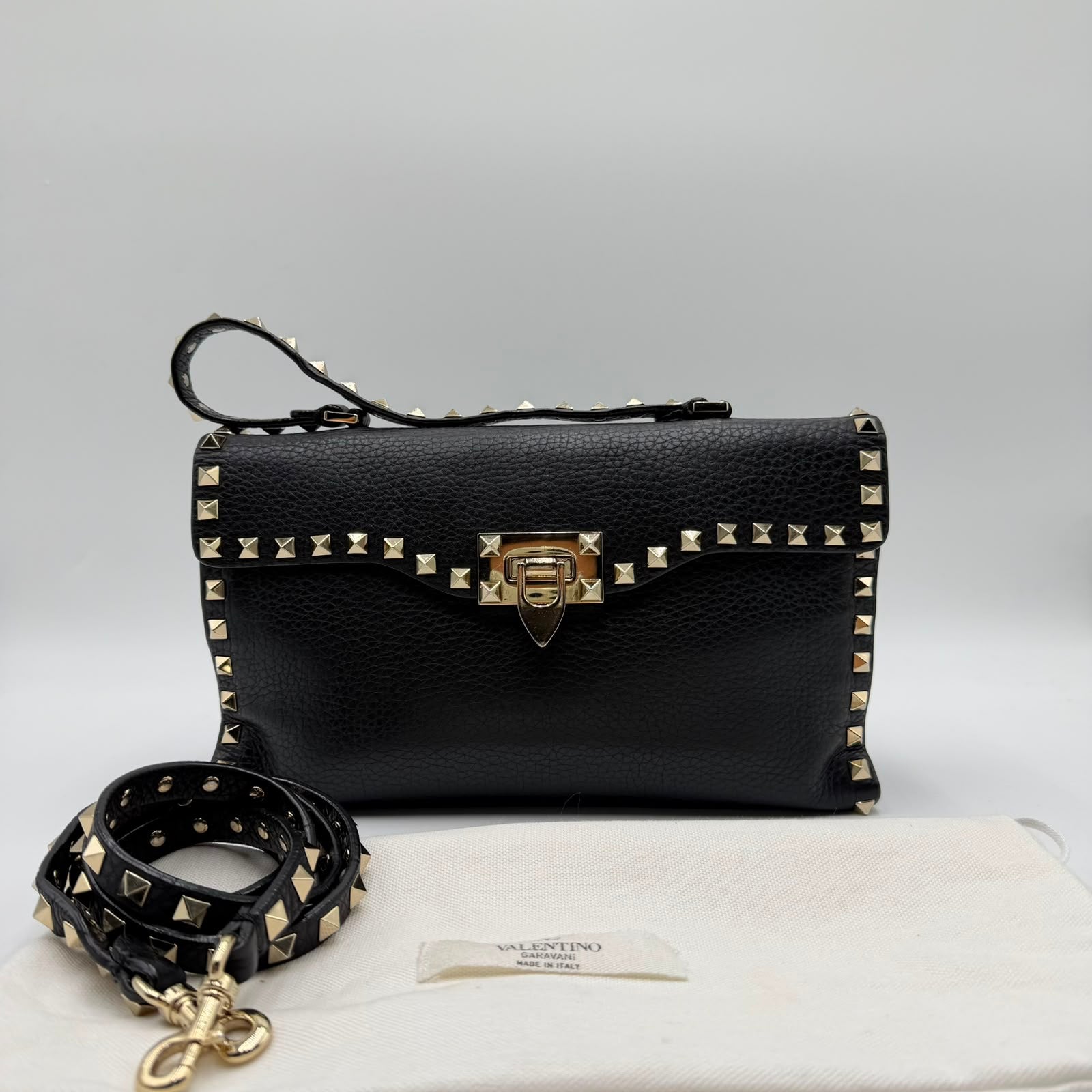 Valentino Black Leather Rockstud Top Handle Bag