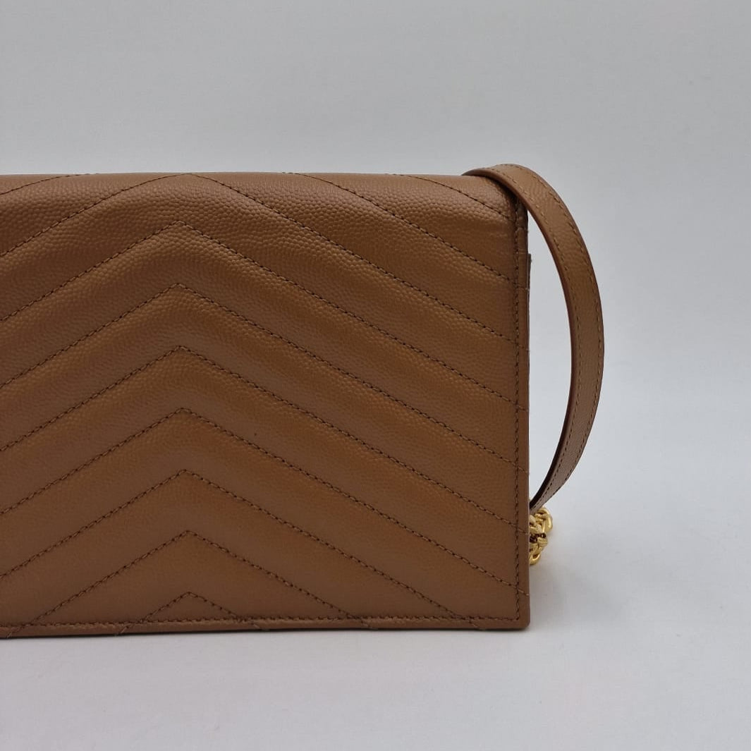Saint Laurent Cassandre Matelassé Chain Wallet Beige