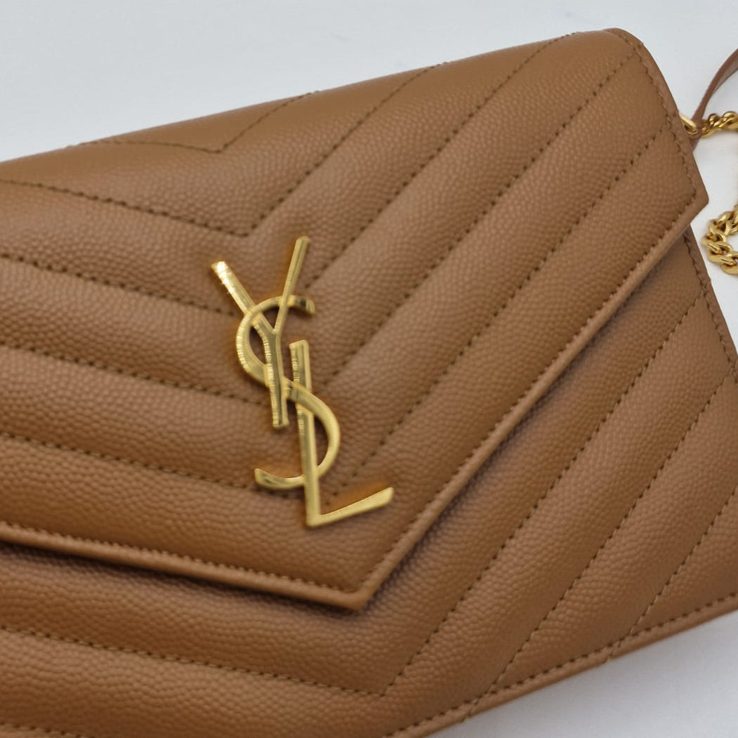 Saint Laurent Cassandre Matelassé Chain Wallet Beige