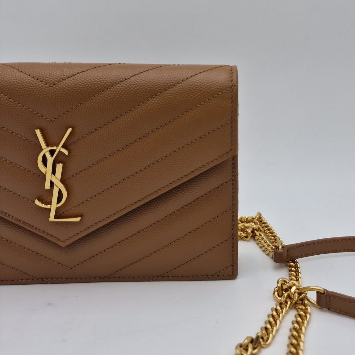 Saint Laurent Cassandre Matelassé Chain Wallet Beige