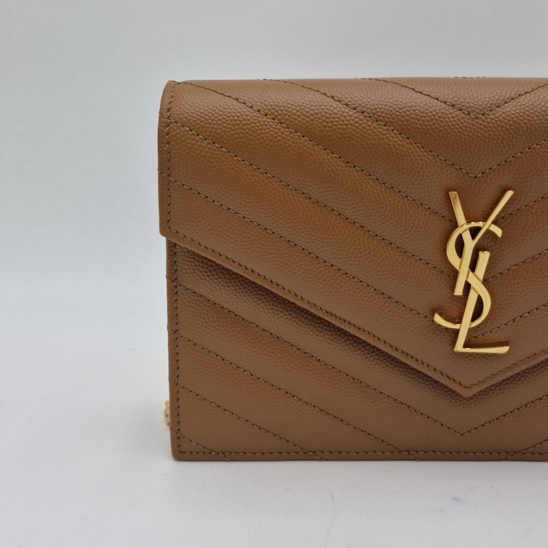 Saint Laurent Cassandre Matelassé Chain Wallet Beige