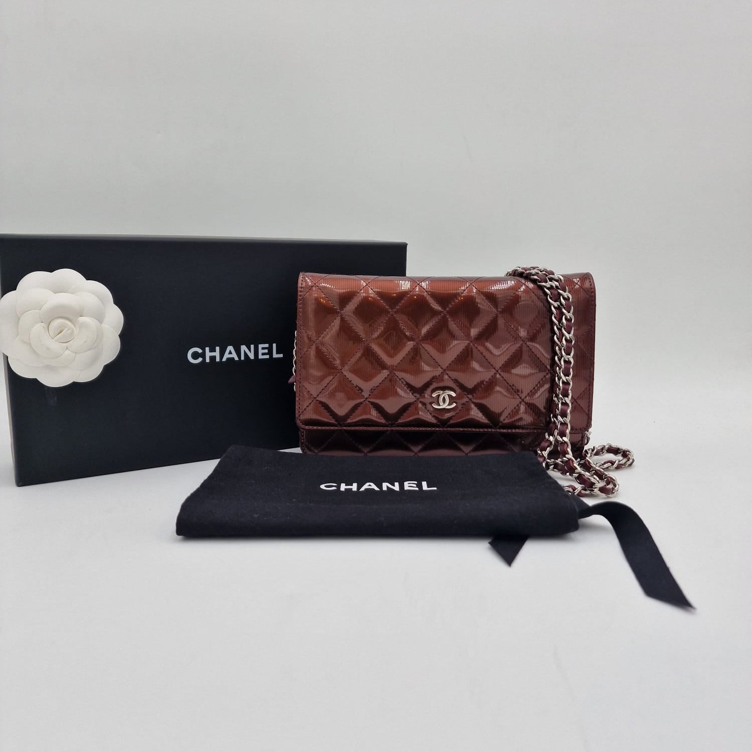 Chanel Quilted Patent Leather Wallet On Chain