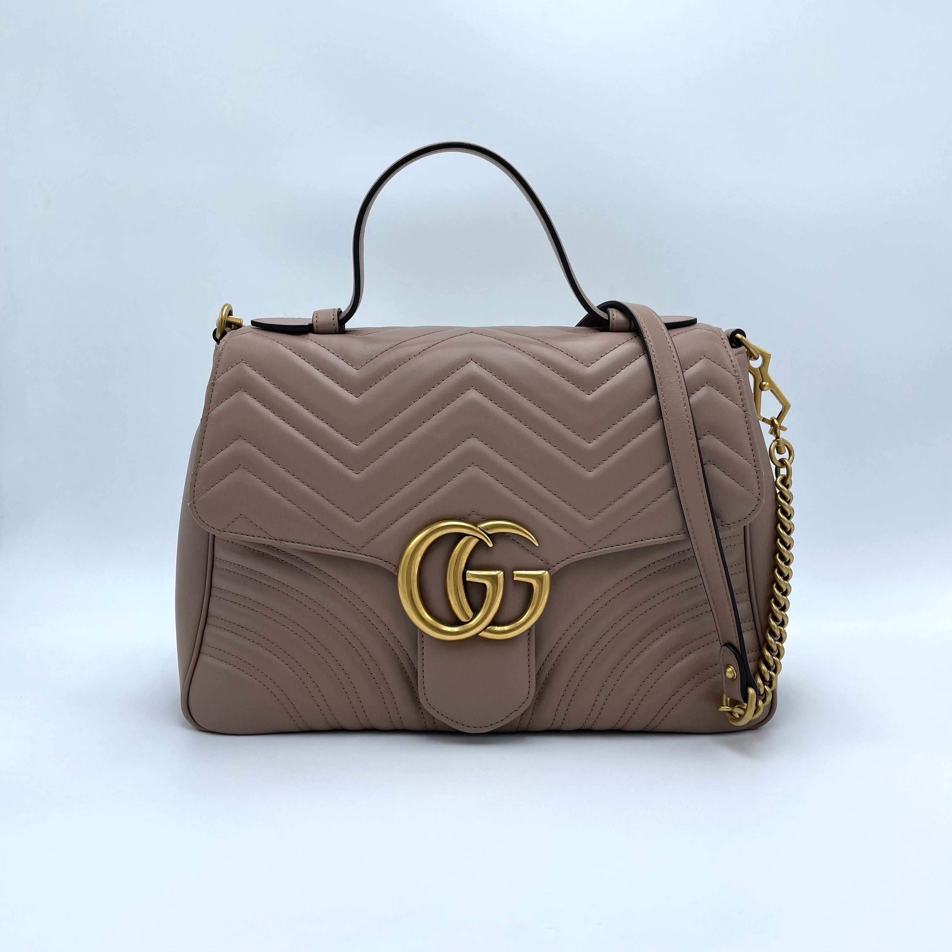 Gucci Chevron Leather GG Marmont Small Top Handle Bag Porcelain Rose