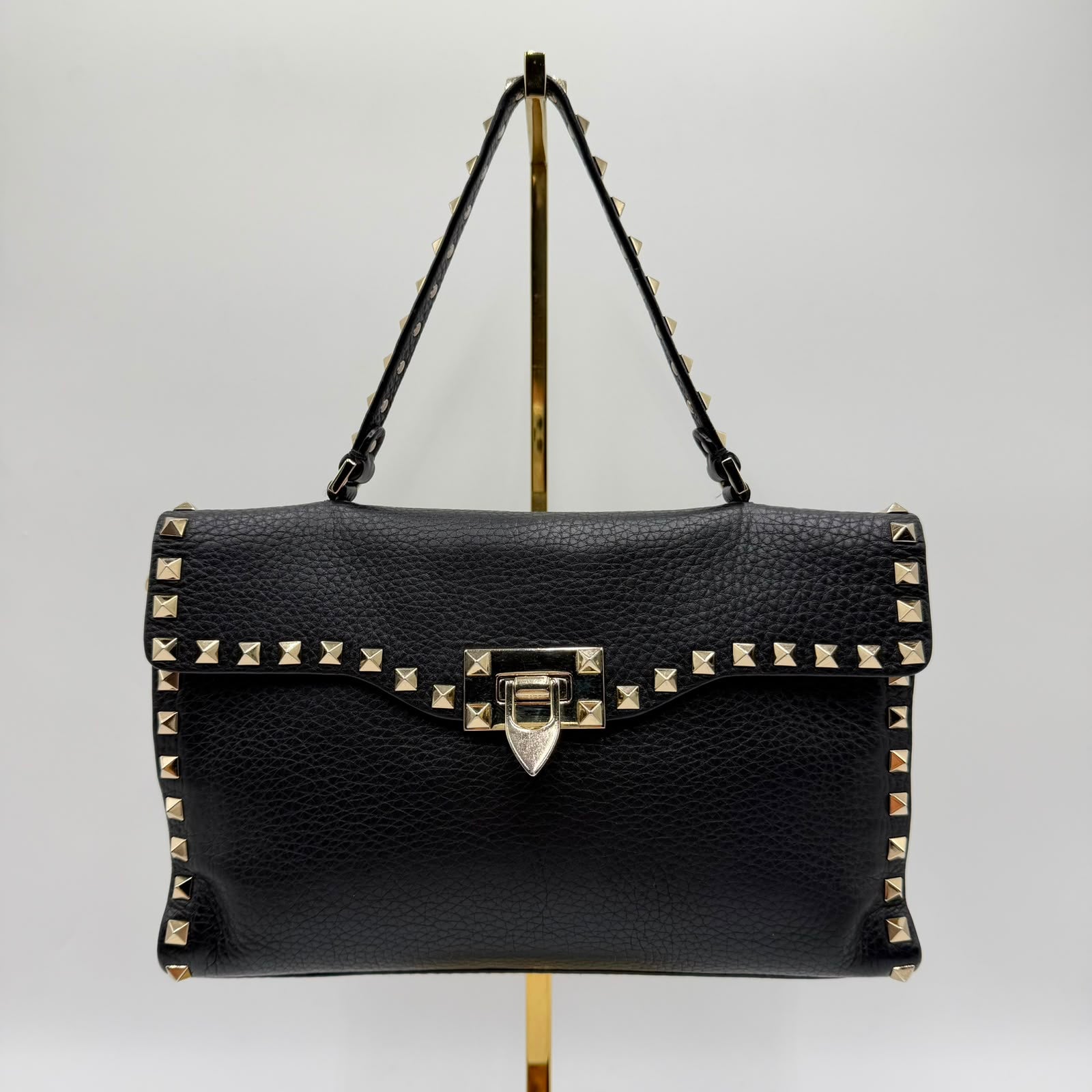 Valentino Black Leather Rockstud Top Handle Bag