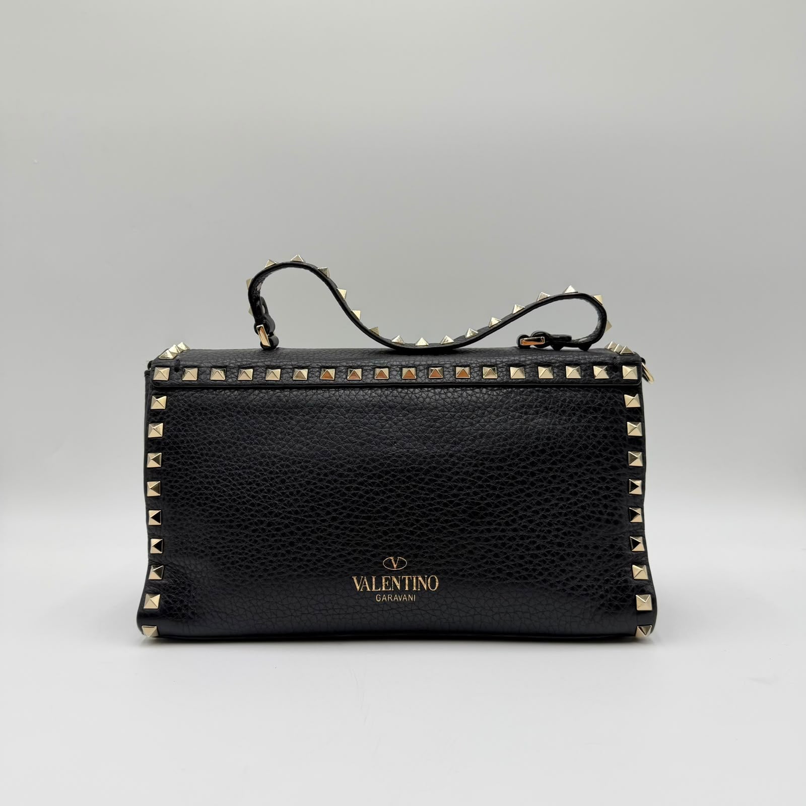 Valentino Black Leather Rockstud Top Handle Bag
