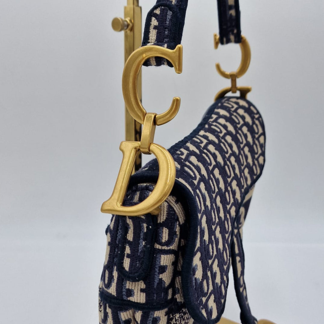 Dior Saddle Bag Blue Oblique Embroidery