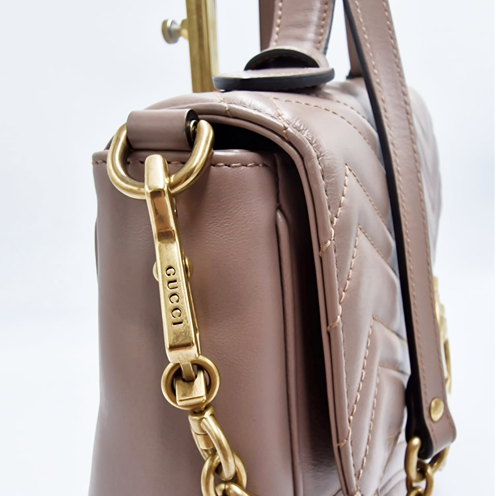 Gucci Chevron Leather GG Marmont Small Top Handle Bag Porcelain Rose